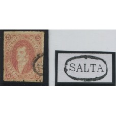 ARGENTINA 1864 GJ 19 RIVADAVIA ESTAMPILLA DE 1ra TIRADA CON MATASELLO SALTA